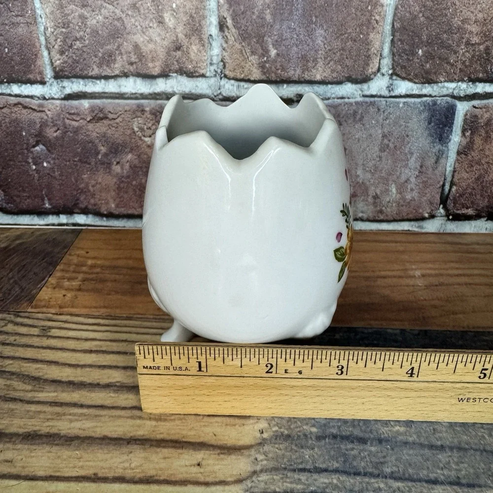 Lefton Cracked Egg‎ Vase Planter #5526 Porcelain 3 Footed Yellow Floral Vtg MCM